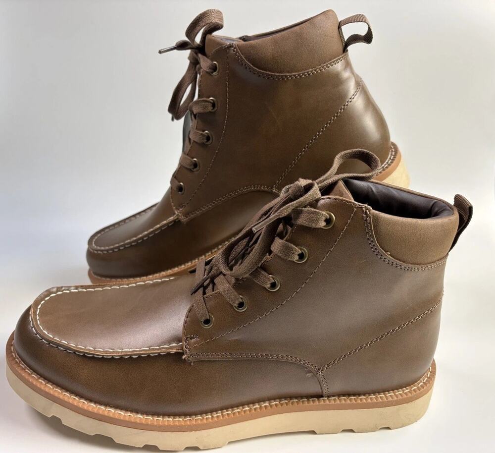 Mutual Weave Drew Moc Toe Lace Up Memory Foam Boot Brown Faux Leather Size 10